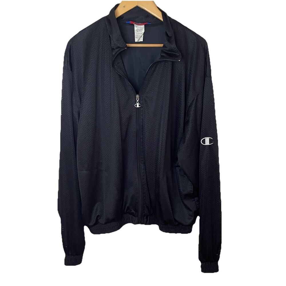 VTG Champion Black Mesh Warm Up Track Jacket Zip Streetwear Skating Hip Hop LRG